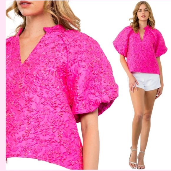 THML Tops - THML Pink Jacquard Allison Top Size XS NWOT Puff Sleeves